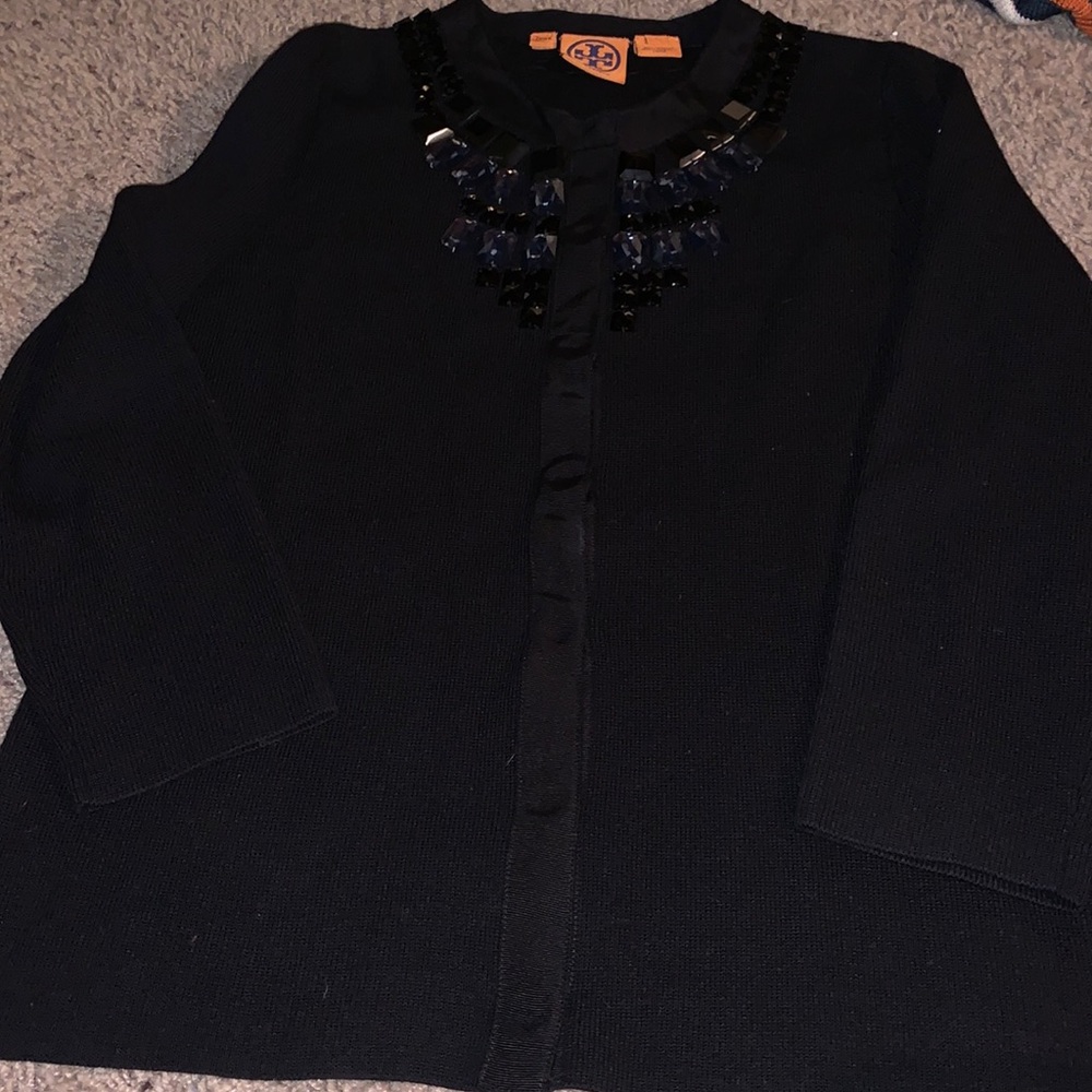 Tory Burch Merino Wool Embellished Jeweled Button Cardigan Navy Size S EUC
